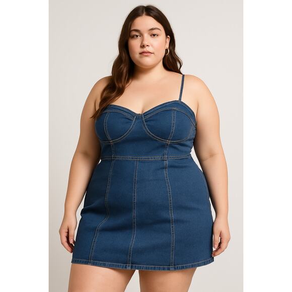 Y2K Streetwear Shein Curve Blue Denim Mini Dress Plus Size 3XL Bustier Style - Picture 1 of 5